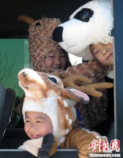 资料图：16日上午，威海小朋友来到当地机场迎候台湾梅花鹿和长鬃山羊，她们将穿着羊与鹿以及大熊猫样式的服装表演舞蹈。这三种珍贵的动物将一同生活在刘公岛国家森林公园。刘舒凌 摄